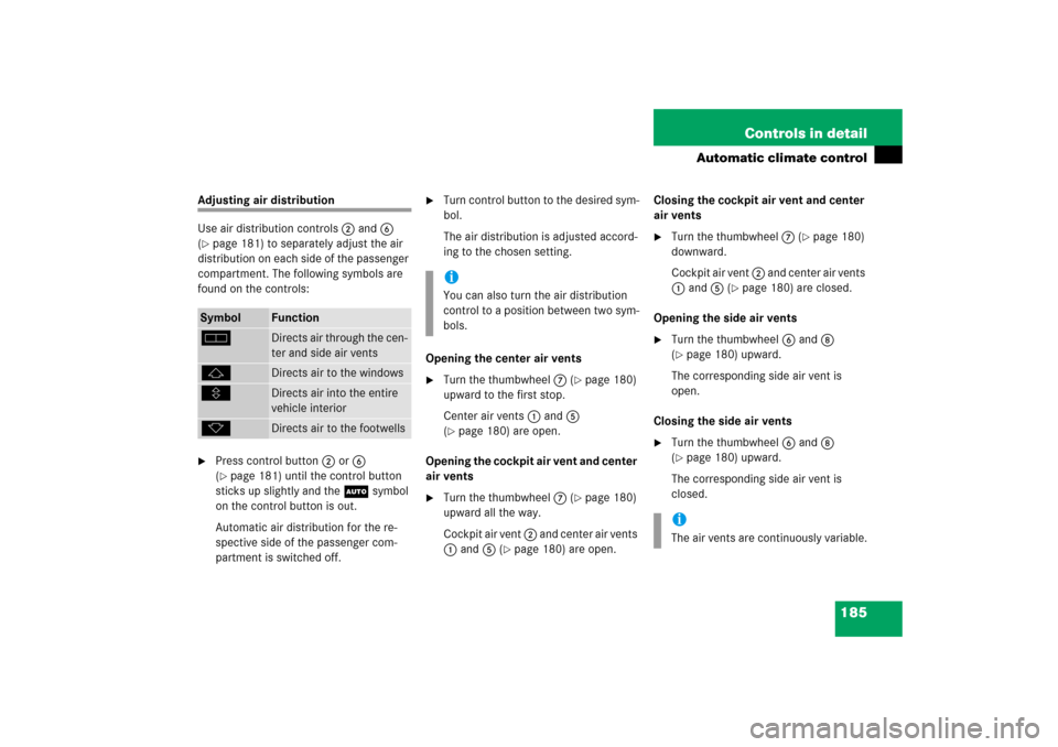 MERCEDES-BENZ SL500 2006 R230 Owners Manual 185 Controls in detail
Automatic climate control
Adjusting air distribution
Use air distribution controls2 and6 
(page 181) to separately adjust the air 
distribution on each side of the passenger 
c