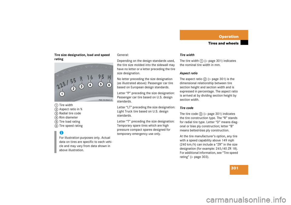 MERCEDES-BENZ SL500 2006 R230 Owners Manual 301 Operation
Tires and wheels
Tire size designation, load and speed 
rating
1Tire width 
2Aspect ratio in %
3Radial tire code
4Rim diameter
5Tire load rating
6Tire speed ratingGeneral:
Depending on t