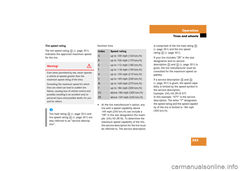 MERCEDES-BENZ SL500 2006 R230 Owners Manual 303 Operation
Tires and wheels
Tire speed rating
The tire speed rating6 (
page 301) 
indicates the approved maximum speed 
for the tire.Summer tires

At the tire manufacturer’s option, any 
tire w