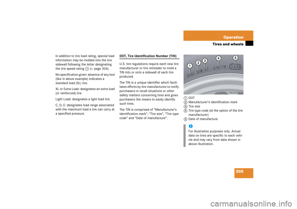 MERCEDES-BENZ SL500 2006 R230 Owners Manual 305 Operation
Tires and wheels
In addition to tire load rating, special load 
information may be molded into the tire 
sidewall following the letter designating 
the tire speed rating1 (
page 304).
N