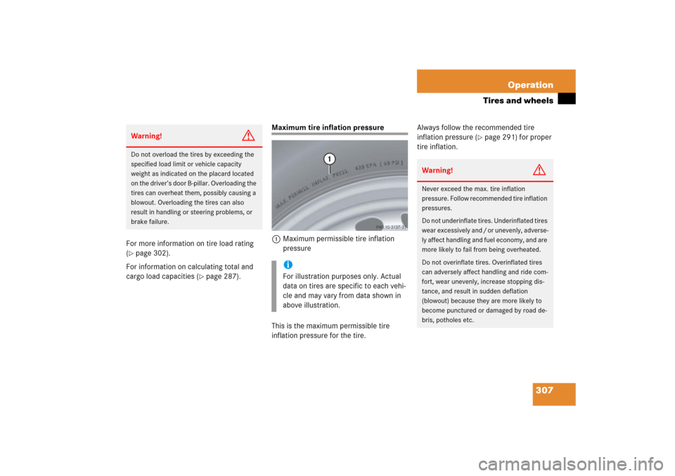 MERCEDES-BENZ SL500 2006 R230 Owners Manual 307 Operation
Tires and wheels
For more information on tire load rating 
(page 302).
For information on calculating total and 
cargo load capacities (
page 287). 
Maximum tire inflation pressure
1Ma