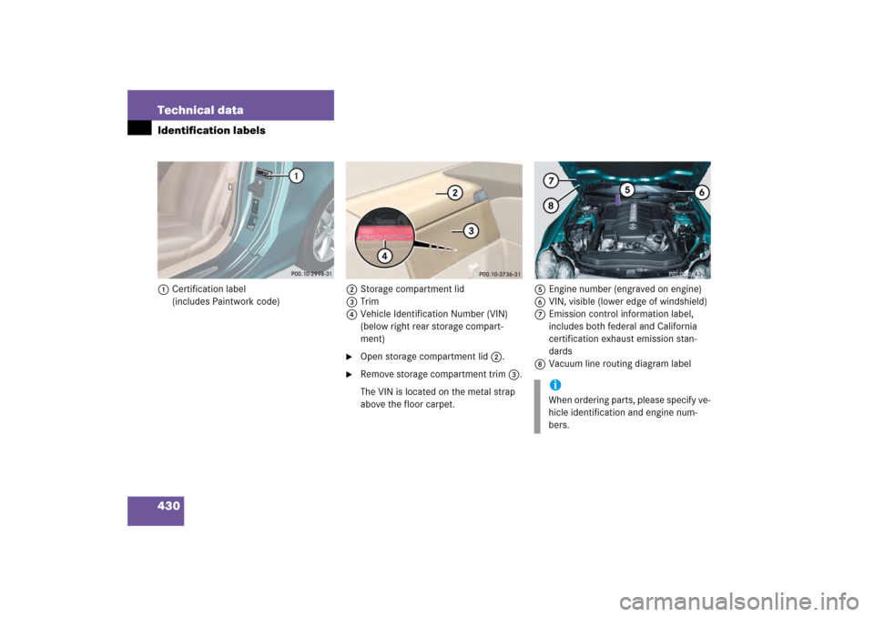 MERCEDES-BENZ SL500 2006 R230 Owners Manual 430 Technical dataIdentification labels1Certification label
(includes Paintwork code)2Storage compartment lid
3Trim
4Vehicle Identification Number (VIN) 
(below right rear storage compart-
ment)

Ope