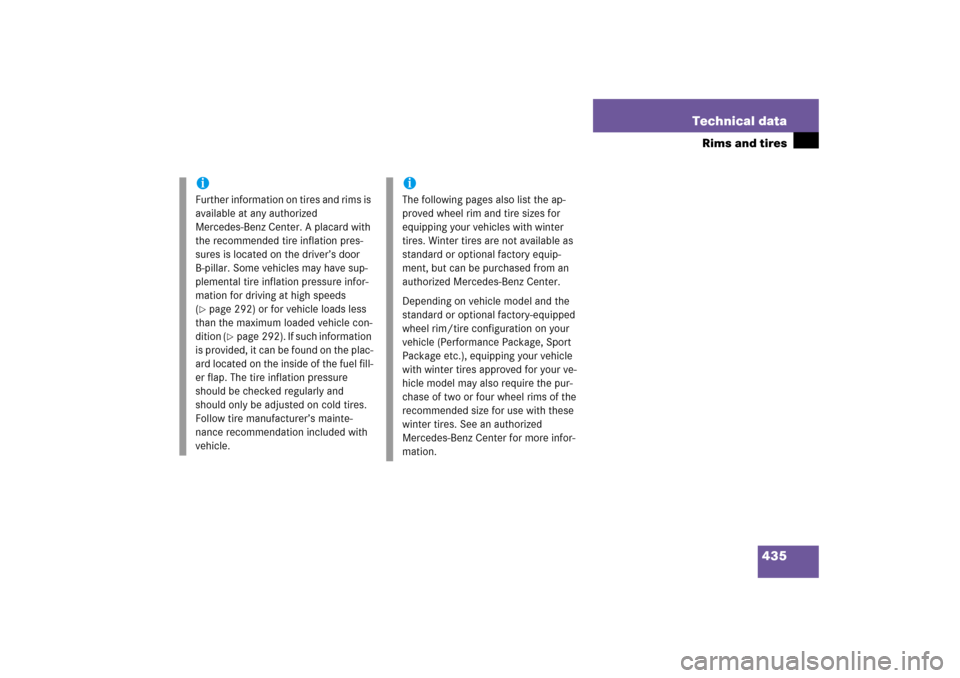 MERCEDES-BENZ SL500 2006 R230 User Guide 435 Technical data
Rims and tires
iFurther information on tires and rims is 
available at any authorized 
Mercedes-Benz Center. A placard with 
the recommended tire inflation pres-
sures is located on