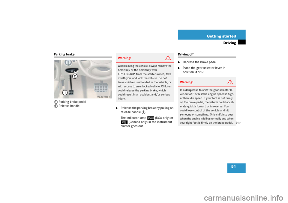 MERCEDES-BENZ SL500 2006 R230 Owners Manual 51 Getting started
Driving
Parking brake
1Parking brake pedal
2Release handle

Release the parking brake by pulling on 
release handle2.
The indicator lamp;(USA only) or 
3 (Canada only) in the instr