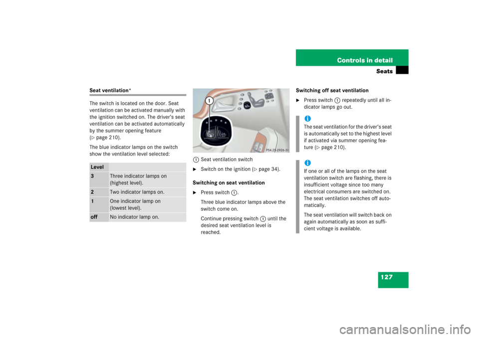 MERCEDES-BENZ S350 2006 W221 Owners Manual 127 Controls in detailSeats
Seat ventilation*
The switch is located on the door. Seat 
ventilation can be activated manually with 
the ignition switched on. The driver’s seat 
ventilation can be act