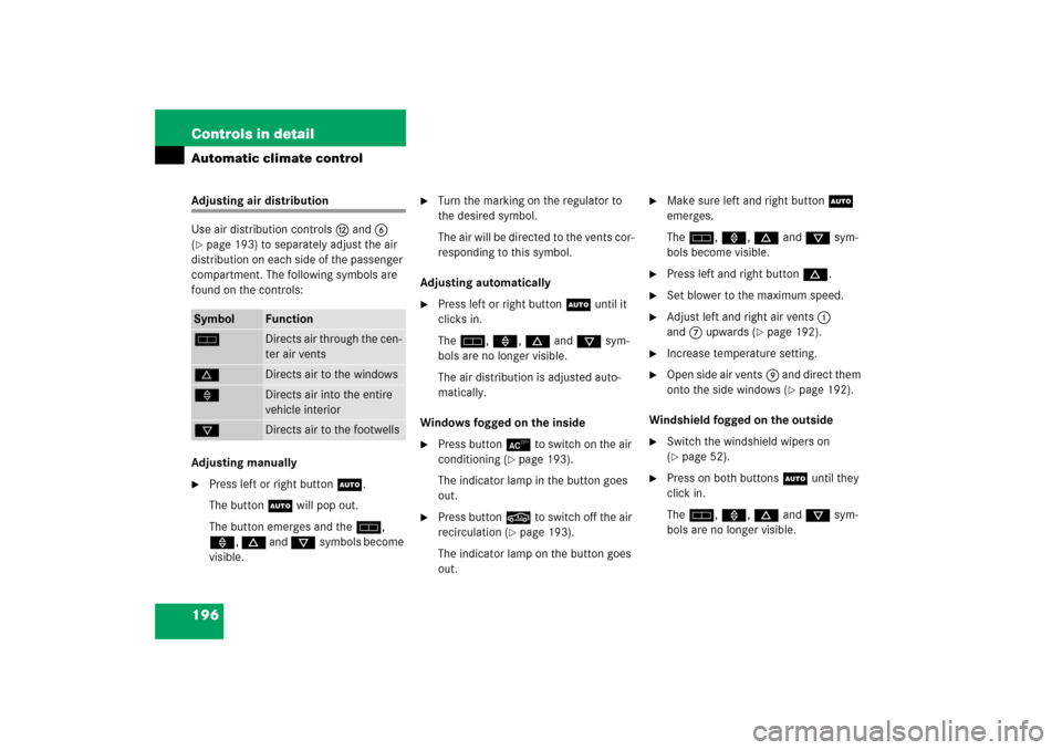 MERCEDES-BENZ S500 2006 W221 Owners Manual 196 Controls in detailAutomatic climate controlAdjusting air distribution
Use air distribution controlsc and6 
(page 193) to separately adjust the air 
distribution on each side of the passenger 
com