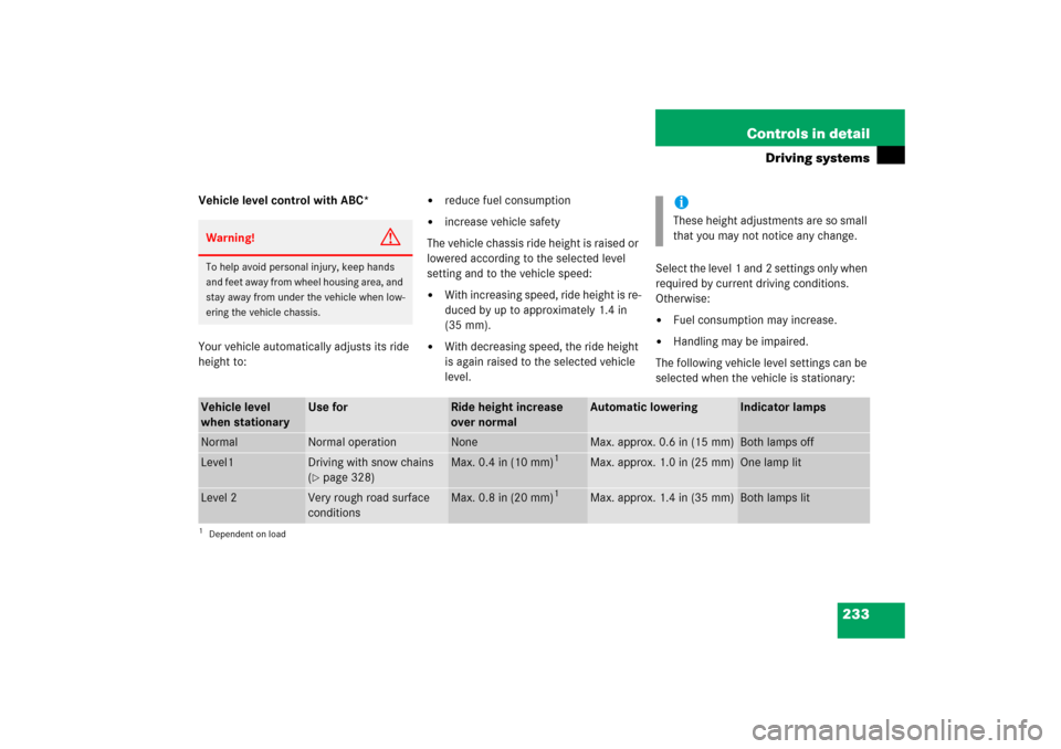 MERCEDES-BENZ S350 2006 W221 Owners Manual 233 Controls in detail
Driving systems
Vehicle level control with ABC*
Your vehicle automatically adjusts its ride 
height to:

reduce fuel consumption

increase vehicle safety
The vehicle chassis r