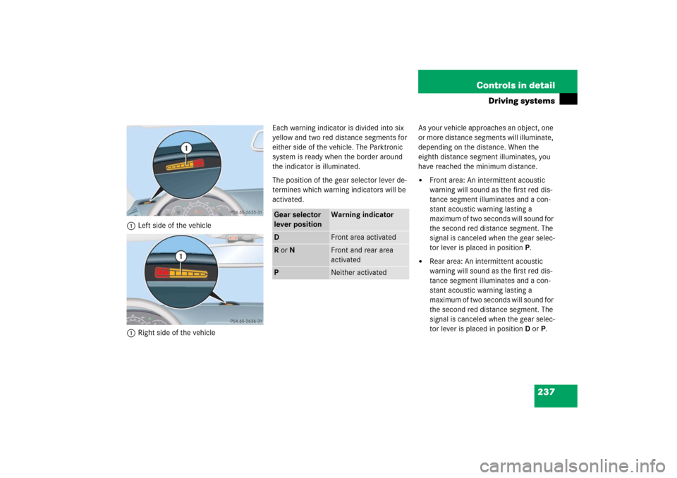 MERCEDES-BENZ S350 2006 W221 Owners Manual 237 Controls in detail
Driving systems
1Left side of the vehicle
1Right side of the vehicleEach warning indicator is divided into six 
yellow and two red distance segments for 
either side of the vehi