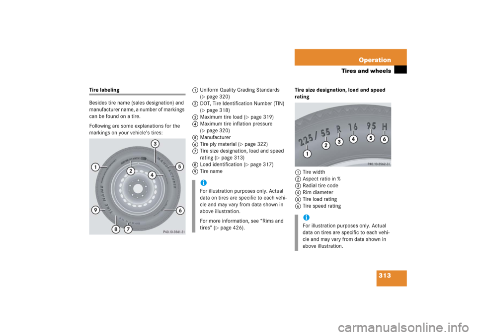 MERCEDES-BENZ S55AMG 2006 W221 Owners Manual 313 Operation
Tires and wheels
Tire labeling
Besides tire name (sales designation) and 
manufacturer name, a number of markings 
can be found on a tire.
Following are some explanations for the 
markin