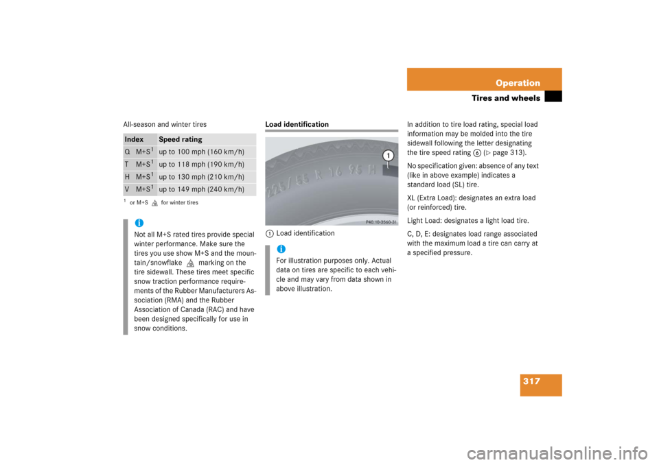 MERCEDES-BENZ S500 2006 W221 Owners Manual 317 Operation
Tires and wheels
All-season and winter tires
Load identification
1Load identificationIn addition to tire load rating, special load 
information may be molded into the tire 
sidewall foll