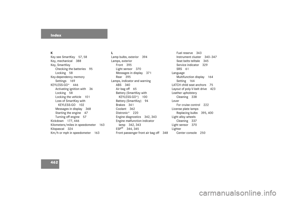 MERCEDES-BENZ S600 2006 W221 Owners Manual 462 IndexK
Key see SmartKey 57, 58
Key, mechanical 388
Key, SmartKey
Checking the batteries 95
Locking 58
Key-dependency memory
Settings 169
KEYLESS-GO* 446
Activating ignition with 36
Locking 58
Lock