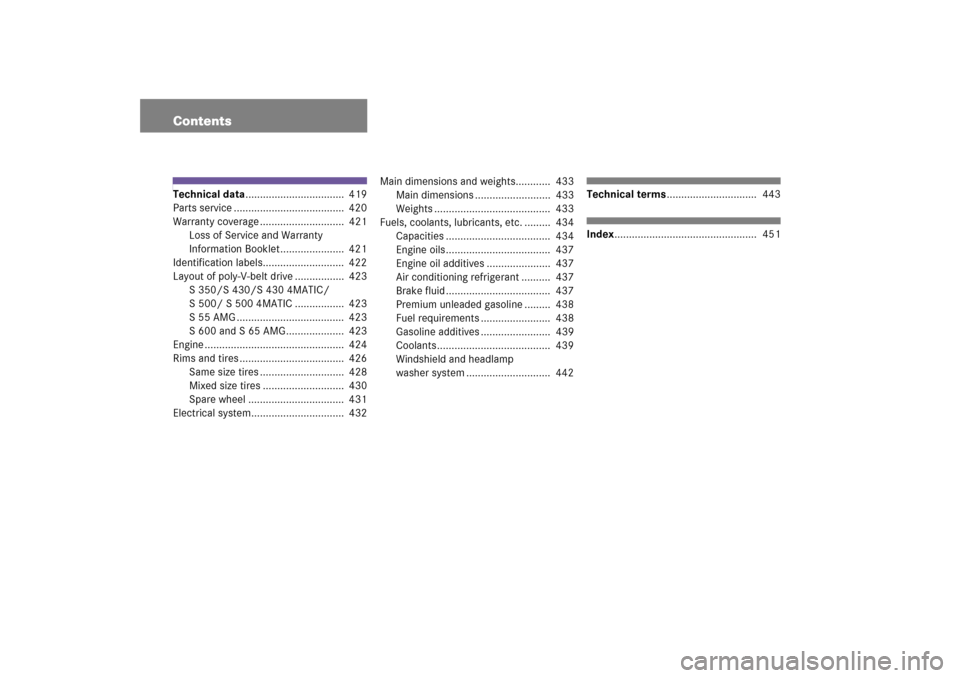 MERCEDES-BENZ S430 2006 W221 Owners Manual ContentsTechnical data..................................  419
Parts service ......................................  420
Warranty coverage .............................  421
Loss of Service and Warrant