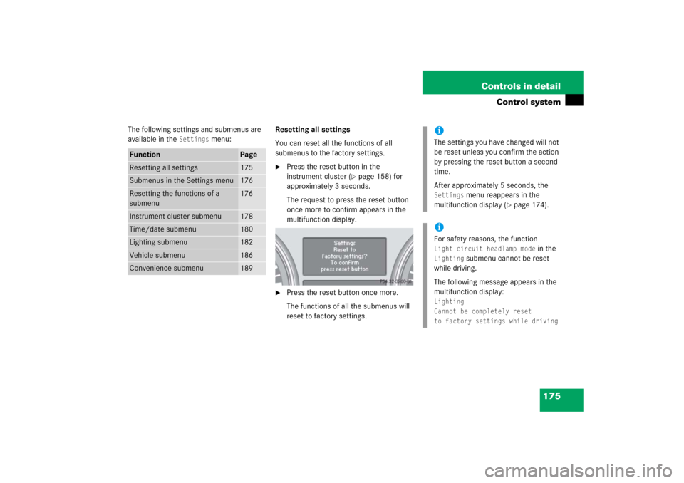MERCEDES-BENZ R500 2006 W251 Owners Manual 175 Controls in detail
Control system
The following settings and submenus are 
available in the 
Settings
 menu:Resetting all settings
You can reset all the functions of all 
submenus to the factory s