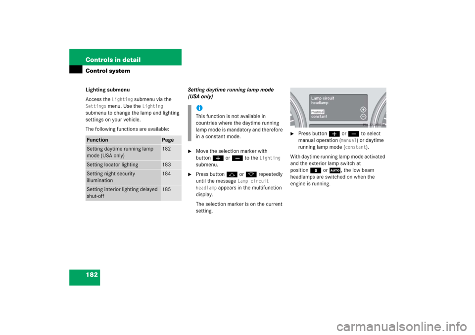 MERCEDES-BENZ R500 2006 W251 Owners Manual 182 Controls in detailControl systemLighting submenu
Access the 
Lighting
 submenu via the 
Settings
 menu. Use the 
Lighting 
submenu to change the lamp and lighting 
settings on your vehicle.
The fo