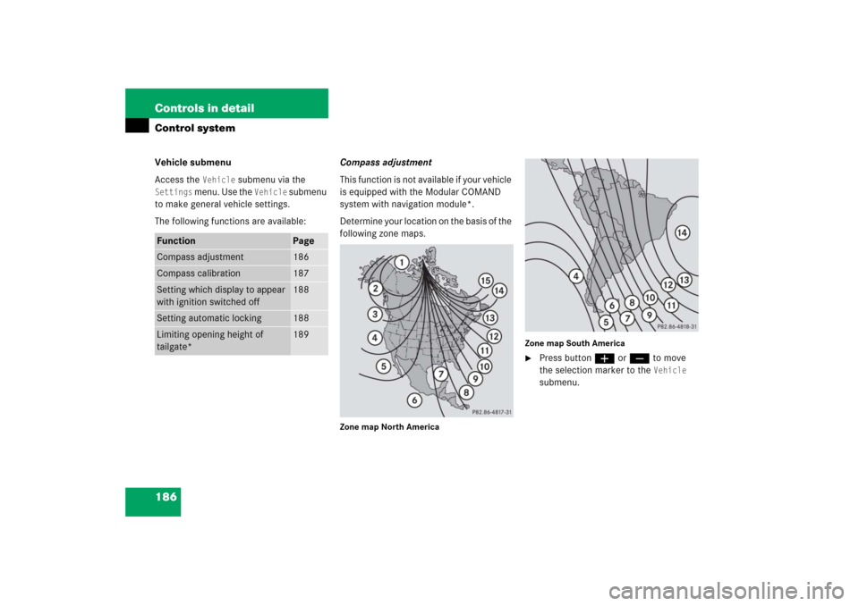 MERCEDES-BENZ R350 2006 W251 Owners Manual 186 Controls in detailControl systemVehicle submenu
Access the 
Vehicle
 submenu via the 
Settings
 menu. Use the 
Vehicle
 submenu 
to make general vehicle settings.
The following functions are avail
