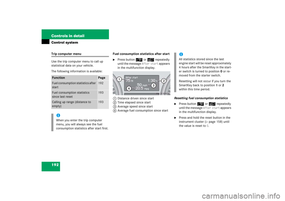 MERCEDES-BENZ R350 2006 W251 Owners Manual 192 Controls in detailControl systemTrip computer menu
Use the trip computer menu to call up 
statistical data on your vehicle.
The following information is available:Fuel consumption statistics after