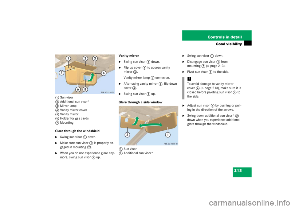 MERCEDES-BENZ R350 2006 W251 User Guide 213 Controls in detail
Good visibility
1Sun visor
2Additional sun visor*
3Mirror lamp
4Vanity mirror cover
5Vanity mirror
6Holder for gas cards
7Mounting
Glare through the windshield
Swing sun visor1