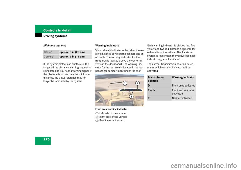 MERCEDES-BENZ R500 2006 W251 Owners Manual 276 Controls in detailDriving systemsMinimum distance
If the system detects an obstacle in this 
range, all the distance warning segments 
illuminate and you hear a warning signal. If 
the obstacle is