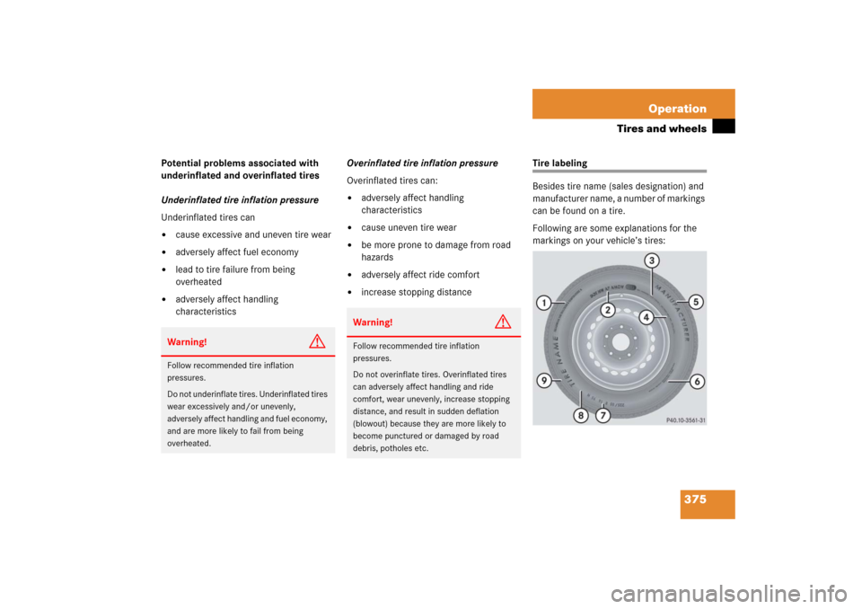 MERCEDES-BENZ R500 2006 W251 Owners Manual 375 Operation
Tires and wheels
Potential problems associated with 
underinflated and overinflated tires
Underinflated tire inflation pressure
Underinflated tires can
cause excessive and uneven tire w