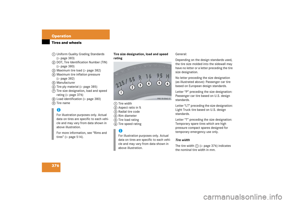 MERCEDES-BENZ R350 2006 W251 Owners Manual 376 OperationTires and wheels1Uniform Quality Grading Standards 
(
page 383)
2DOT, Tire Identification Number (TIN) 
(page 380)
3Maximum tire load (
page 382)
4Maximum tire inflation pressure 
(
p