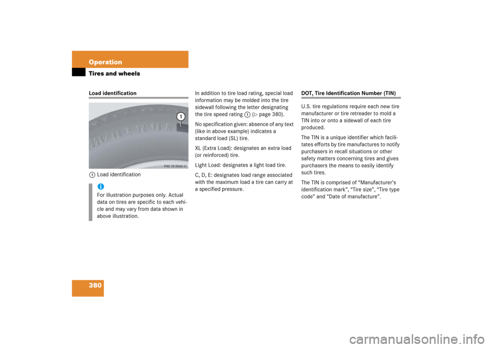 MERCEDES-BENZ R500 2006 W251 Owners Manual 380 OperationTires and wheelsLoad identification
1Load identificationIn addition to tire load rating, special load 
information may be molded into the tire 
sidewall following the letter designating 
