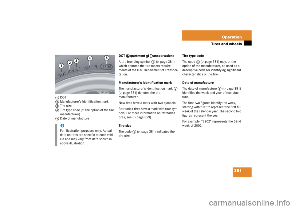 MERCEDES-BENZ R500 2006 W251 Owners Manual 381 Operation
Tires and wheels
1DOT 
2Manufacturer’s identification mark
3Tire size
4Tire type code (at the option of the tire 
manufacturer)
5Date of manufactureDOT (D
epartment o
f T
ransportation