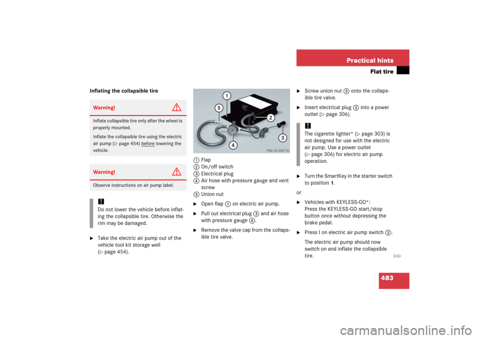 MERCEDES-BENZ R500 2006 W251 Owners Manual 483 Practical hints
Flat tire
Inflating the collapsible tire
Take the electric air pump out of the 
vehicle tool kit storage well 
(page 454).1Flap
2On/off switch
3Electrical plug
4Air hose with pre