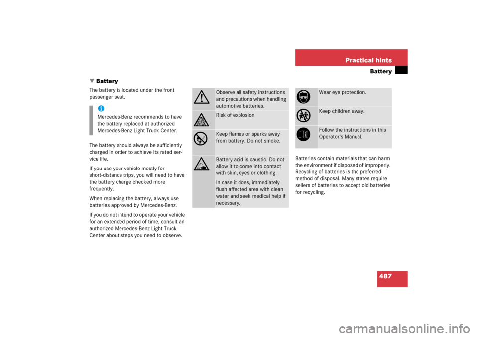 MERCEDES-BENZ R500 2006 W251 Owners Manual 487 Practical hints
Battery
Battery
The battery is located under the front 
passenger seat.
The battery should always be sufficiently 
charged in order to achieve its rated ser-
vice life.
If you use
