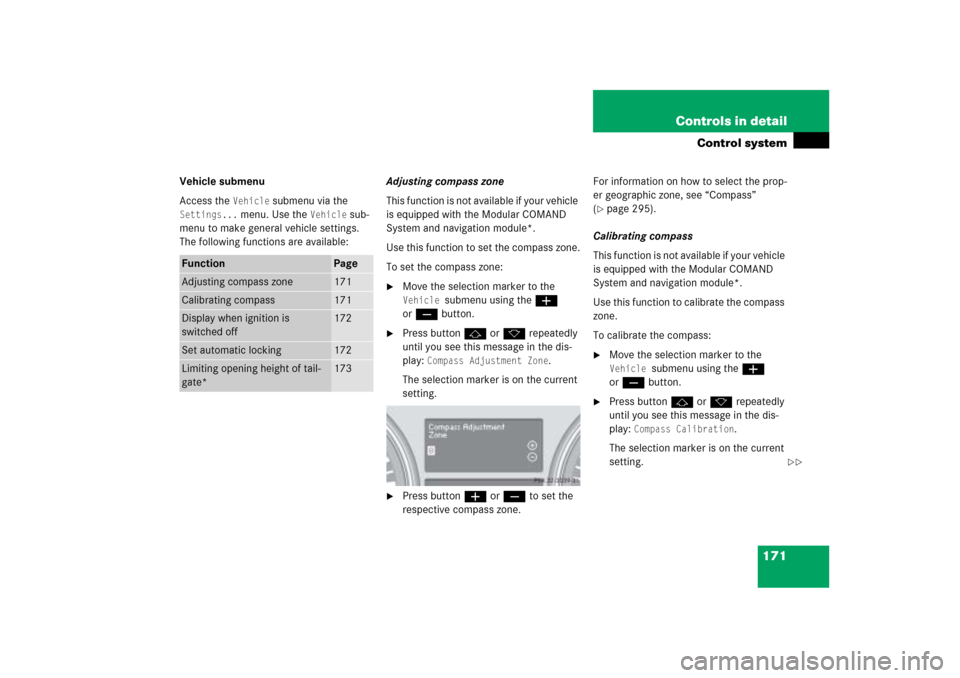 MERCEDES-BENZ ML350 2006 W163 Owners Manual 171 Controls in detail
Control system
Vehicle submenu
Access the 
Vehicle
 submenu via the 
Settings...
 menu. Use the 
Vehicle
 sub-
menu to make general vehicle settings. 
The following functions ar