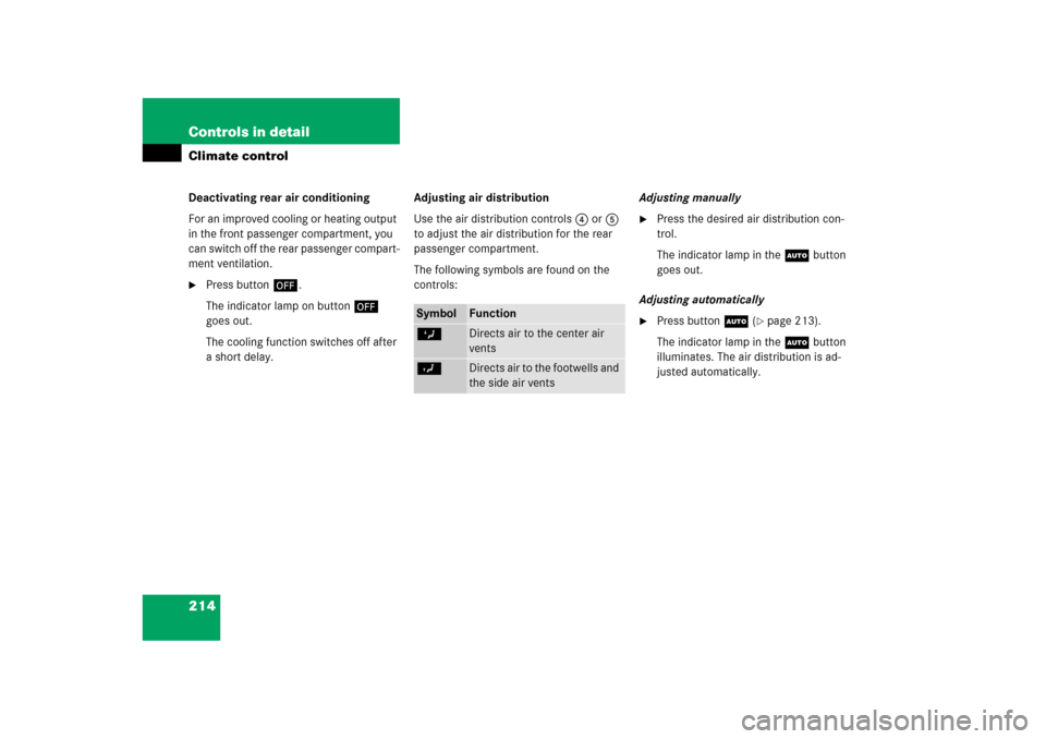 MERCEDES-BENZ ML350 2006 W163 Owners Manual 214 Controls in detailClimate controlDeactivating rear air conditioning
For an improved cooling or heating output 
in the front passenger compartment, you 
can switch off the rear passenger compart-
m
