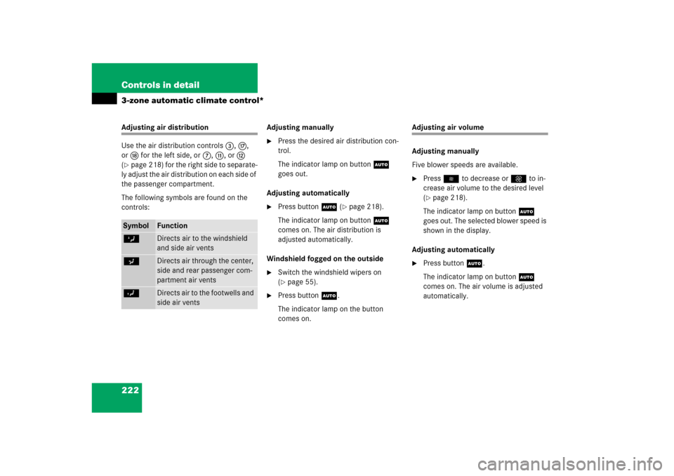MERCEDES-BENZ ML350 2006 W163 Owners Manual 222 Controls in detail3-zone automatic climate control*Adjusting air distribution
Use the air distribution controls3,h, 
orj for the left side, or7,b, orc 
(page 218) for the right side to separate-

