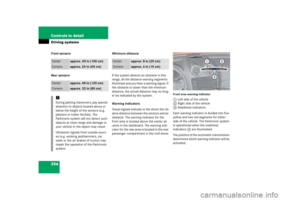 MERCEDES-BENZ ML500 2006 W163 Owners Manual 256 Controls in detailDriving systemsFront sensors
Rear sensorsMinimum distance
If the system detects an obstacle in this 
range, all the distance warning segments 
illuminate and you hear a warning s