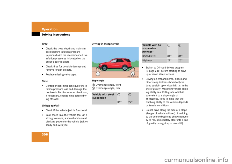 MERCEDES-BENZ ML350 2006 W163 Owners Manual 308 OperationDriving instructionsTires
Check the tread depth and maintain 
specified tire inflation pressure 
(a placard with the recommended tire 
inflation pressures is located on the 
driver’s d
