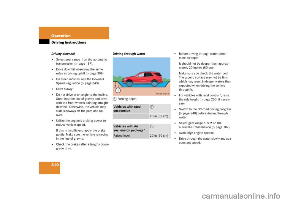 MERCEDES-BENZ ML350 2006 W163 Owners Manual 310 OperationDriving instructionsDriving downhill
Select gear range1 on the automatic 
transmission (
page 187).

Drive downhill observing the same 
rules as driving uphill (
page 308).

On steep