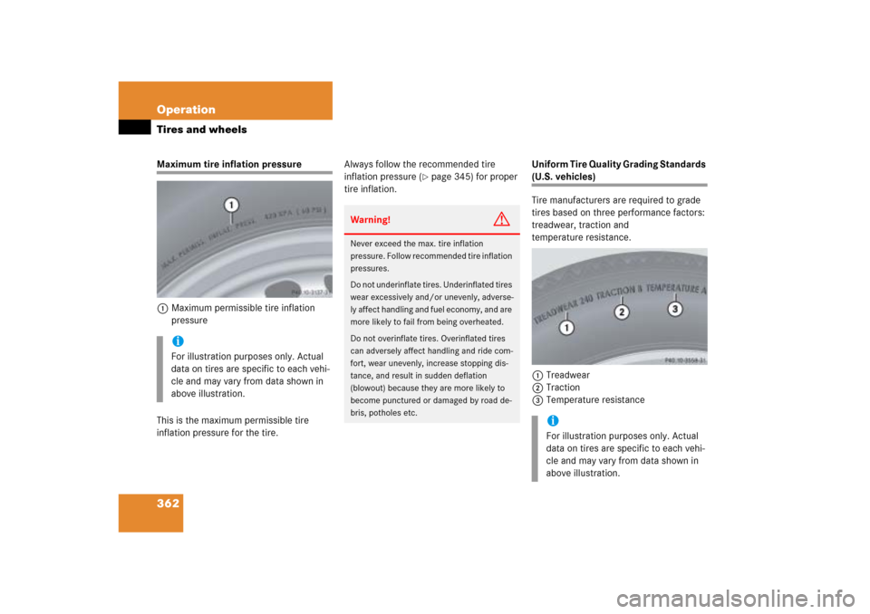 MERCEDES-BENZ ML350 2006 W163 Owners Manual 362 OperationTires and wheelsMaximum tire inflation pressure
1Maximum permissible tire inflation 
pressure
This is the maximum permissible tire 
inflation pressure for the tire.Always follow the recom