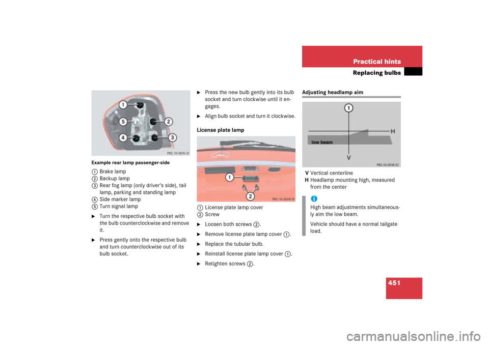 MERCEDES-BENZ ML500 2006 W163 Owners Manual 451 Practical hints
Replacing bulbs
Example rear lamp passenger-side1Brake lamp
2Backup lamp
3Rear fog lamp (only driver’s side), tail 
lamp, parking and standing lamp
4Side marker lamp
5Turn signal