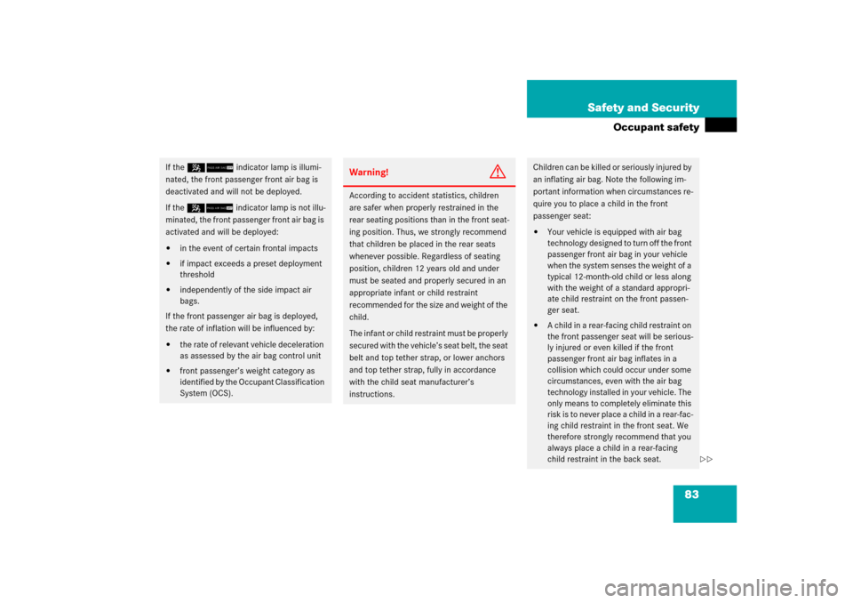 MERCEDES-BENZ ML350 2006 W163 Service Manual 83 Safety and Security
Occupant safety
If the 59indicator lamp is illumi-
nated, the front passenger front air bag is 
deactivated and will not be deployed.
If the 59indicator lamp is not illu-
minate