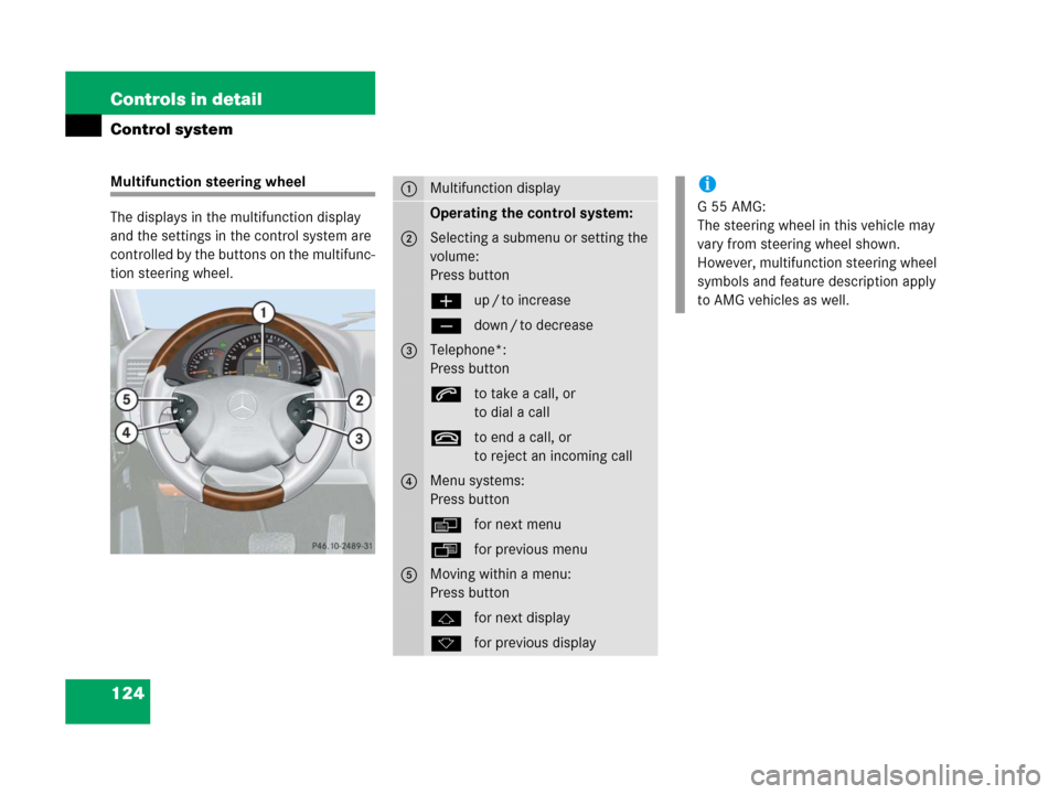 MERCEDES-BENZ G500 2006 W463 Owners Manual 124 Controls in detail
Control system
Multifunction steering wheel
The displays in the multifunction display 
and the settings in the control system are 
controlled by the buttons on the multifunc-
ti