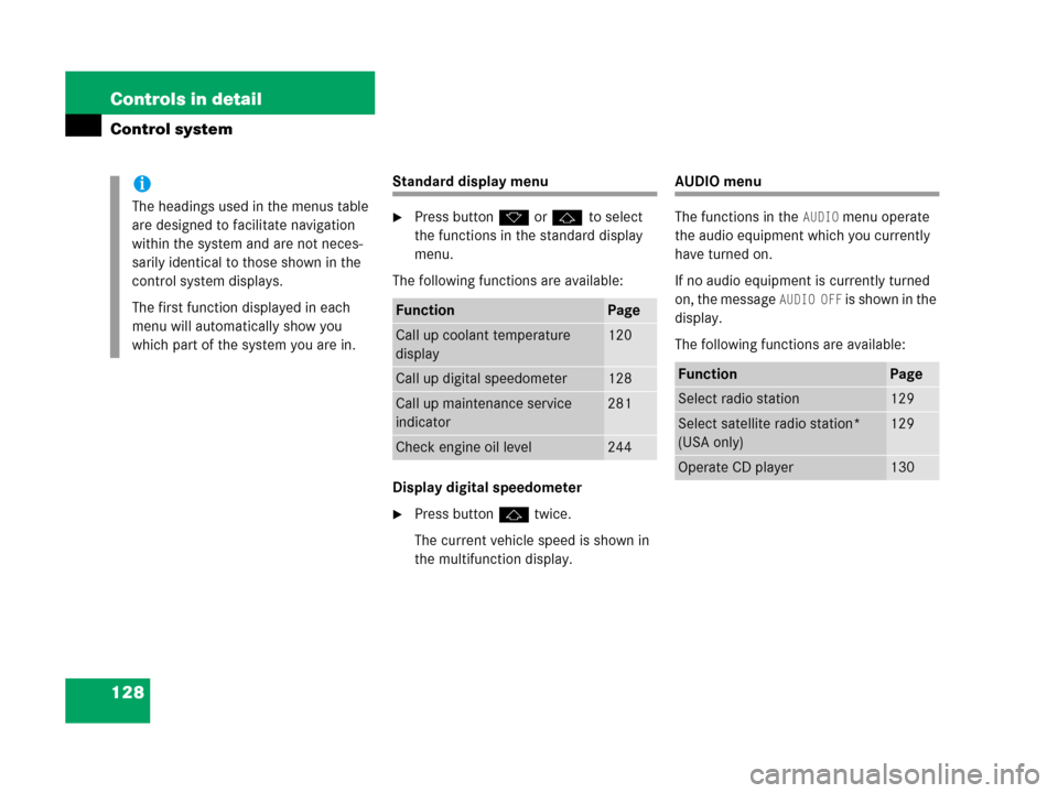 MERCEDES-BENZ G55AMG 2006 W463 Owners Manual 128 Controls in detail
Control system
Standard display menu
Press buttonk orj to select 
the functions in the standard display 
menu.
The following functions are available:
Display digital speedomete