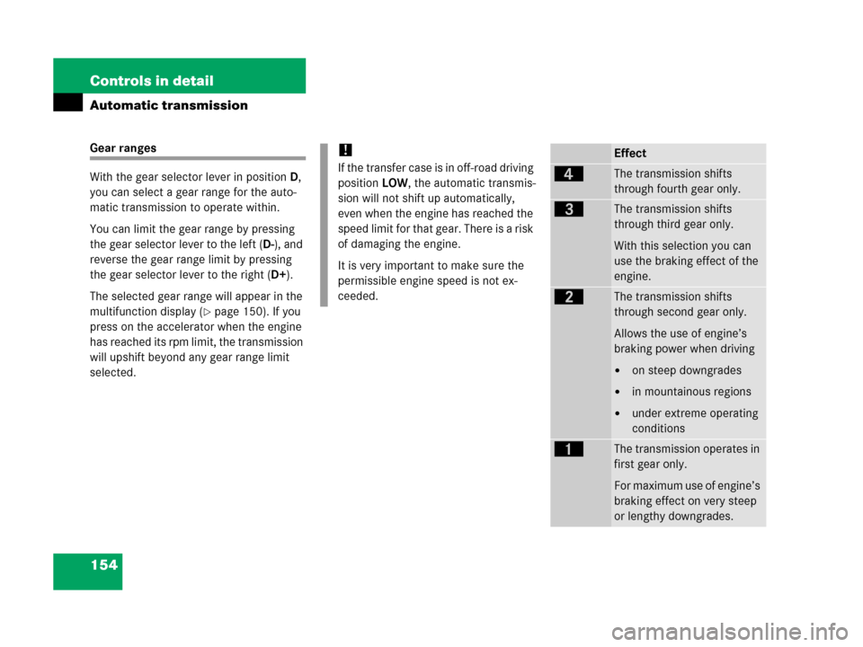 MERCEDES-BENZ G500 2006 W463 Owners Manual 154 Controls in detail
Automatic transmission
Gear ranges
With the gear selector lever in positionD, 
you can select a gear range for the auto-
matic transmission to operate within.
You can limit the 