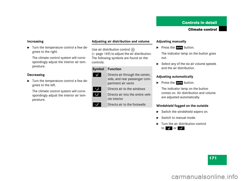 MERCEDES-BENZ G500 2006 W463 Owners Manual 171 Controls in detail
Climate control
Increasing
Turn the temperature control a few de-
grees to the right.
The climate control system will corre-
spondingly adjust the interior air tem-
perature.
D