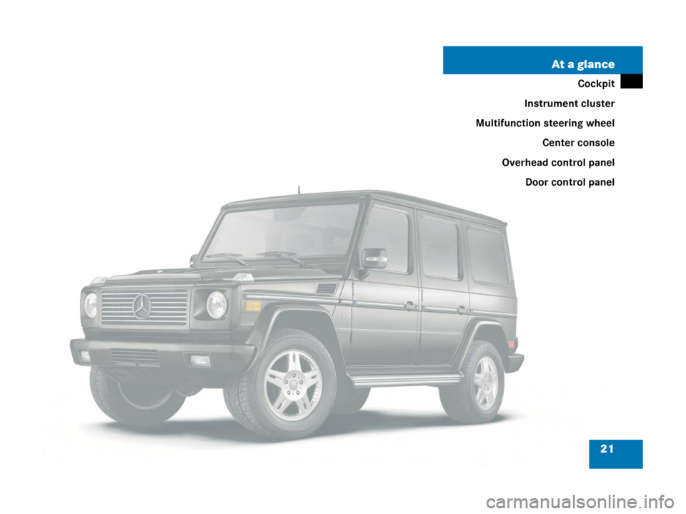 MERCEDES-BENZ G55AMG 2006 W463 Owners Guide 21 At a glance
Cockpit
Instrument cluster
Multifunction steering wheel
Center console
Overhead control panel
Door control panel 