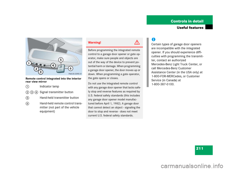 MERCEDES-BENZ G500 2006 W463 Owners Manual 211 Controls in detail
Useful features
Remote control integrated into the interior 
rear view mirror
1Indicator lamp
2 3 4Signal transmitter button
5Hand-held transmitter button
6Hand-held remote cont