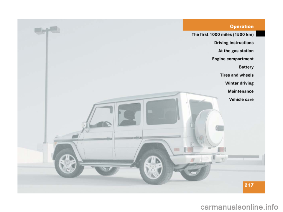MERCEDES-BENZ G500 2006 W463 Owners Manual 217 Operation
The first 1000 miles (1500 km)
Driving instructions
At the gas station
Engine compartment
Battery
Tires and wheels
Winter driving
Maintenance
Vehicle care 