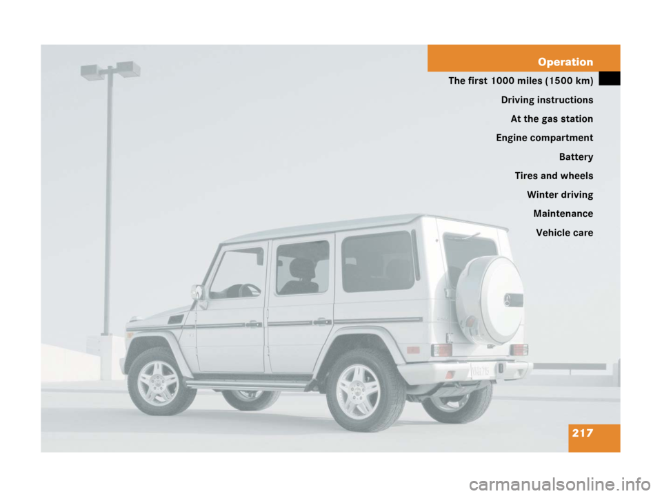 MERCEDES-BENZ G55AMG 2006 W463 Owners Manual 217 Operation
The first 1000 miles (1500 km)
Driving instructions
At the gas station
Engine compartment
Battery
Tires and wheels
Winter driving
Maintenance
Vehicle care 