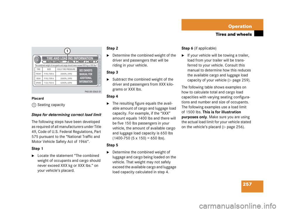 MERCEDES-BENZ G500 2006 W463 Owners Manual 257 Operation
Tires and wheels
Placard
1Seating capacity
Steps for determining correct load limit
The following steps have been developed 
as required of all manufacturers under Title 
49, Code of U.S