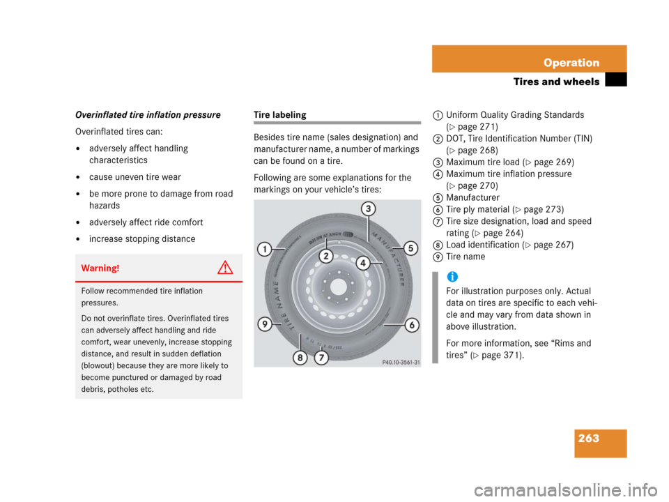 MERCEDES-BENZ G500 2006 W463 Owners Manual 263 Operation
Tires and wheels
Overinflated tire inflation pressure
Overinflated tires can:
adversely affect handling 
characteristics
cause uneven tire wear
be more prone to damage from road 
haza