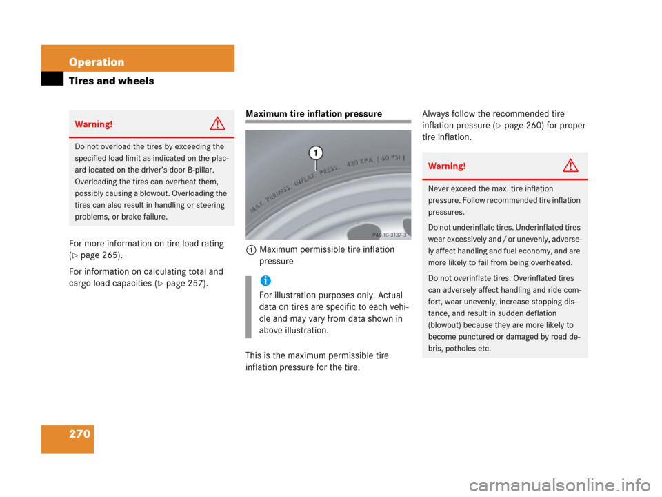 MERCEDES-BENZ G500 2006 W463 Owners Manual 270 Operation
Tires and wheels
For more information on tire load rating 
(
page 265).
For information on calculating total and 
cargo load capacities (
page 257).
Maximum tire inflation pressure
1Ma