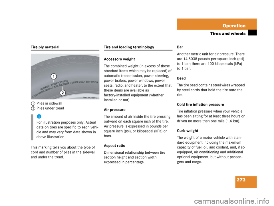 MERCEDES-BENZ G500 2006 W463 Owners Manual 273 Operation
Tires and wheels
Tire ply material
1Plies in sidewall
2Plies under tread
This marking tells you about the type of 
cord and number of plies in the sidewall 
and under the tread.Tire and 