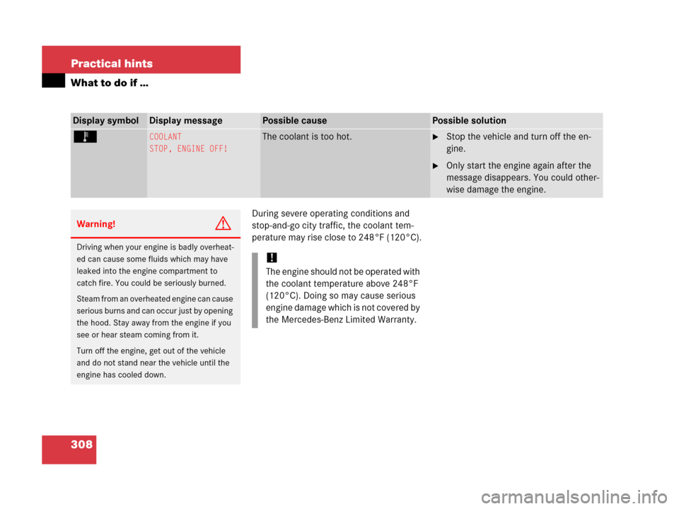 MERCEDES-BENZ G55AMG 2006 W463 Owners Manual 308 Practical hints
What to do if …
During severe operating conditions and 
stop-and-go city traffic, the coolant tem-
perature may rise close to 248°F (120°C).
Display symbolDisplay messagePossib